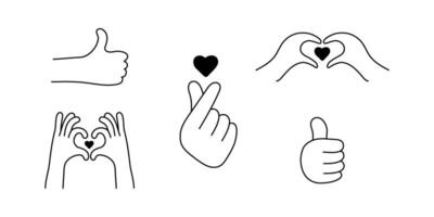Set images likes. Black line icon heart symbols with hands and fingers. Several variations of love, like in sign outline style. vector