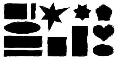 Set of grunge geometric shapes with jagged edges. Rectangle, circle, square stickers drawn with brush. Heart with rough borders vector