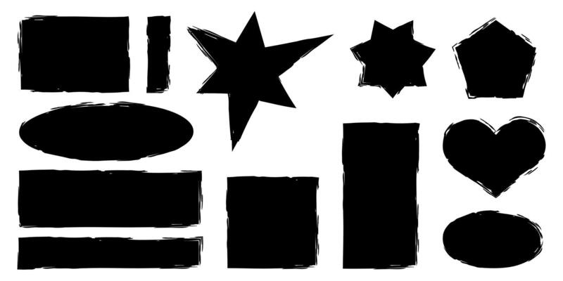 Set of grunge geometric shapes with jagged edges. Rectangle, circle, square stickers drawn with brush. Heart with rough borders