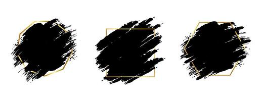 Golden thin frame with black brush masks. Set of grunge backgrounds with aesthetic border vector