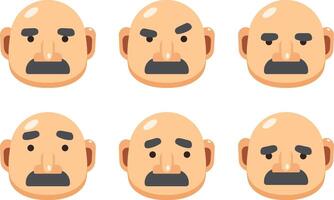 Sticker pack with different emotions. Set with faces serious bald man with black mustache vector