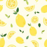Lemon seamless pattern on a light background. Juicy citrus fruit in delicate tones with green leaves and cut yellow slices vector
