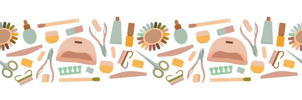 Manicure tool seamless border. Nail dryer, gel polish, shellac, nail file, scissors and other elements. Isolated illustration for your design vector