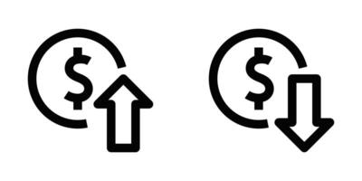 Illustration of financial arrow icons indicating up and down trends in black and white. Dollar symbol. Editable stroke. vector