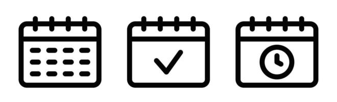 Icons of calendars with a grid, checkmark, and clock. Perfect for scheduling, planning, and event-related designs. Black and white, isolated. Editable stroke. vector