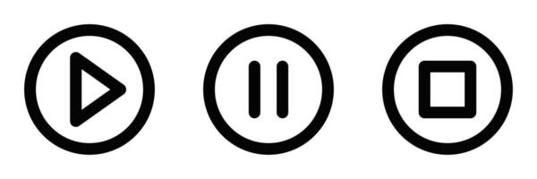Illustration of play, pause, and stop buttons in circular frames, ideal for media control interfaces. Editable stroke. vector
