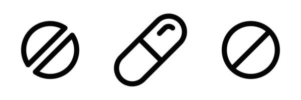 A set of three black and white icons depicting different types of pills and a capsule. Perfect for use in medical, pharmaceutical, or healthcare-themed designs. Editable stroke. vector