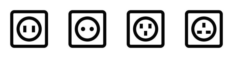 Illustration of four plug socket icons in black and white, suitable for electrical and home designs. Editable stroke. vector