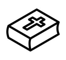 Illustration of a black outline Bible icon with a cross on the cover, symbolizing religion and faith, on a white background. Editable stroke. vector