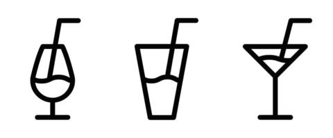 Illustration of three different black outline drink icons, including a cocktail glass, a tall glass with a straw, and a martini glass, on a white background. Editable stroke. vector