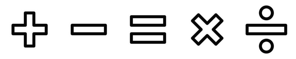Icon set featuring mathematical symbols for addition, subtraction, multiplication, division, and equals, in a clear black and white style. Editable stroke. vector