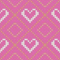 Texture of knitted fabric. White heart knitted pattern and a pink knitted background. Seamless knitted pattern. vector