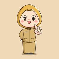 cute hijab teacher character with hands pointing forward vector
