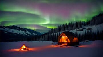 A tent is lit up by the aurora borealis in the sky video