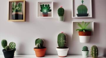 A wall with several cactus plants in pots video
