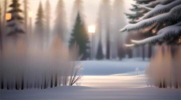 A snowy forest scene with trees and a light video