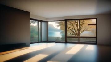 Empty room with large windows and a tree in the background video