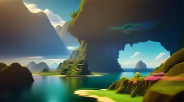 une scène de le jeu, avec une grand la grotte et l'eau video