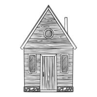 Wooden House Illustration. Drawing of Rustic Cabin with Chimney on isolated background in linear style. Hand Drawn old Cottage made of logs. Black etching of countryside building for design. vector