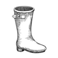 Illustration of Rain Rubber Boot. Hand Drawn Garden Footwear on isolated background. Linear black drawing of gardening wet. Outline sketch of rustic gumboot for farming design. vector