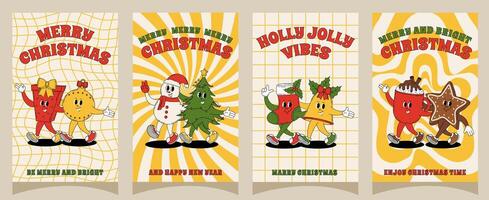 Groovy retro Merry Christmas and Happy New year posters. Set of christmas characters for posters, party invitations, greeting cards, stories template, postcard, prints in groovy style. vector