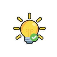 yellow bulb lamp with green circle check list sign in outline flat design. vector