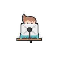 young man in front of computer in outline flat design. vector