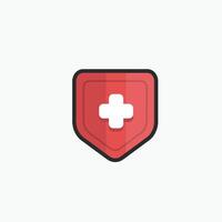 red shield with plus sign in outline flat design. vector