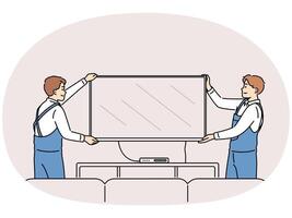 Smiling workers install TV set at home vector