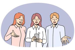 Smiling employees talk on webcam on cellphone vector