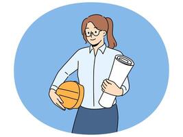 Smiling female architect with blueprints and helmet vector