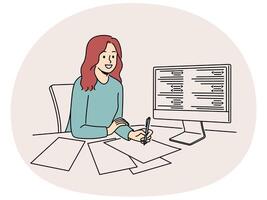 Smiling girl work on PC taking notes vector