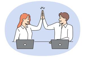 Smiling colleagues give high five working together vector