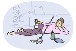 Tired lazy woman lying on floor while cleaning vector