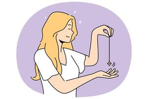 Smiling woman using pendulum for spiritual practice vector