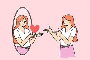 Woman with high self-esteem looks in mirror and sees reflection with heart as metaphor for self-love vector