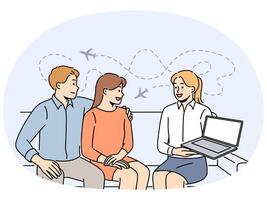 Tour operator showing offer on laptop to clients vector