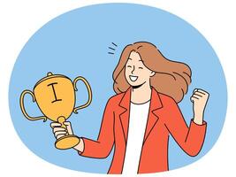 Smiling woman with golden trophy in hands vector