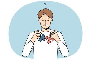 Confused man think about jigsaw puzzles join vector