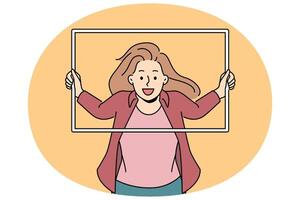 Smiling woman posing put head in empty frame vector