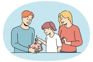 Smiling parents teach child saving money vector