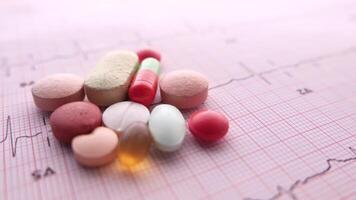 Various pills and tablets on a heartbeat chart video
