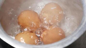 Three eggs are being boiled in a pot video