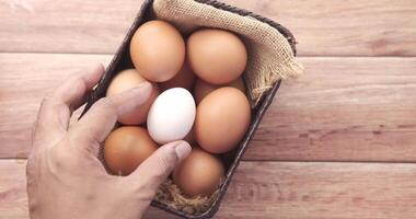 A person holding an egg in a basket of eggs video