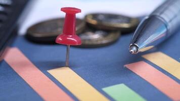 un rojo alfiler es metido en un grafico gráfico con un calculadora y bolígrafo video