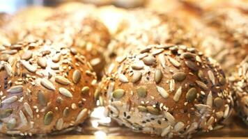 A display of bread with seeds and seeds video