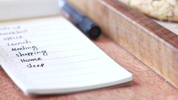 To do list in notebook with office suppliers on desk. video
