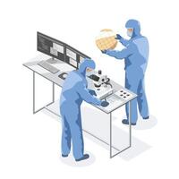 semiconductor industry factory engineer use microscope to inspecting microchip on research and development concept isometric isolated illustration vector