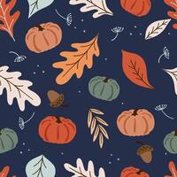 Autumn seamless pattern with colorful pumpkins, forest leaves, and acorn. vector