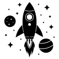 Illustration of a rocket with stars and planets silhouette vector
